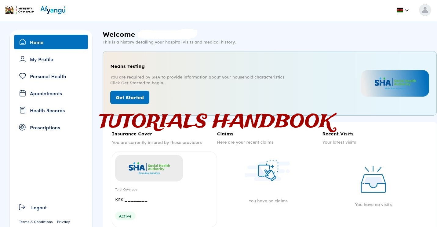 After successfully entering your Afyayangu.go.ke OTP vertification code, you will be successfully logged ino your account where you can start using it. In your Afya Yangu account dashboard, you will be able to see: My Profile, Personal Health, Appointments, Health Records, Prescriptions, Insurance Cover, Claims and Recent visits amongst other key features and functionalities on Afyayangu.go.ke Portal. 