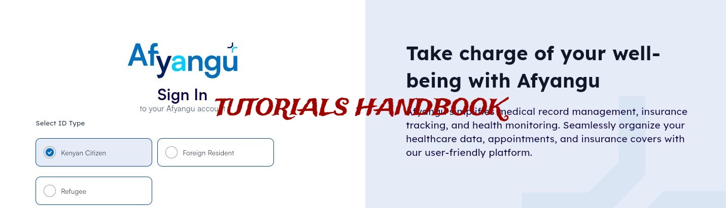 Once on the homepage, you'll be prompted to select your ID type. AfyaYangu.go.ke Kenya (Afyangu) accommodates various identification methods, including Kenyan Citizen, Foreign Resident or Refugee. For Kenyans, the first option "Kenyan Citizen" is pre-selected. 